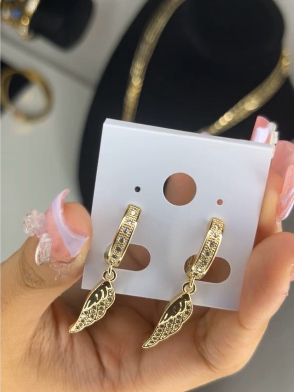 Gold Wing Drop Hoop Earrings with Crystal Accents